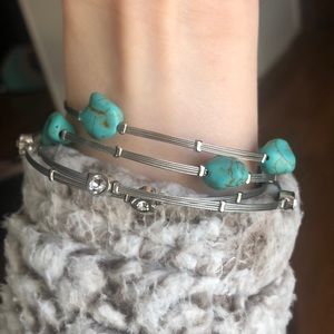 Silver, turquoise, crystal bendy metal bangles